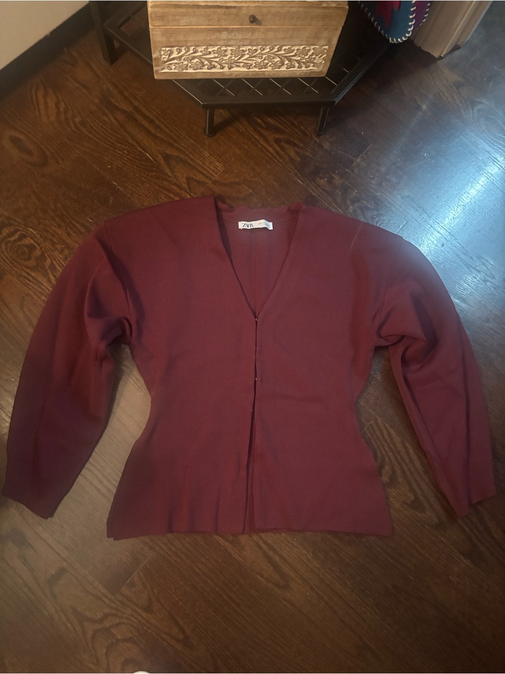 Zara Maroon V-Neck Button-Front Knit Cardigan